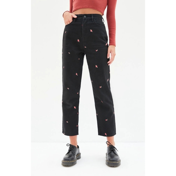 Rose Embroidered Black High Waisted Jeans - Picture 1 of 5